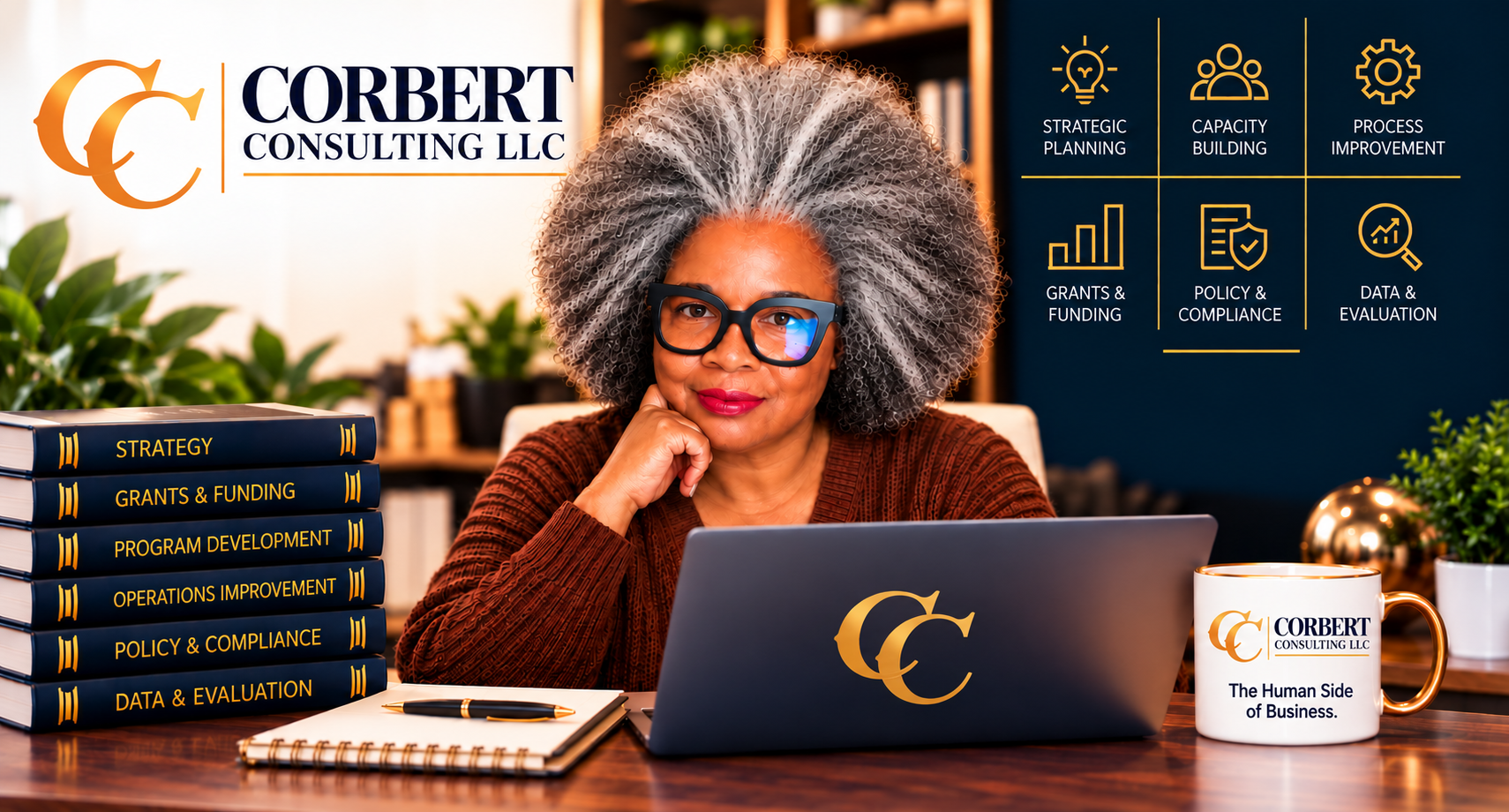 Founder of Corbert Consulting LLC in a professional workspace with strategic planning, grants, policy and data evaluation highlighted