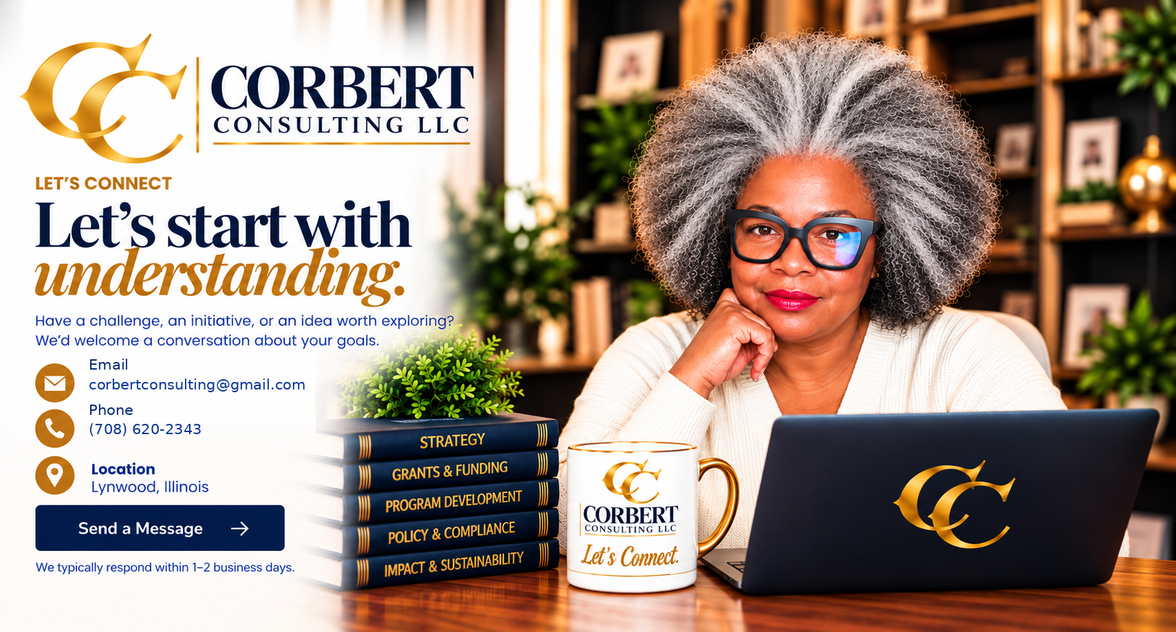 Corbert Consulting LLC contact information: corbertconsulting@gmail.com, (708) 620-2343, Lynwood Illinois. Founder wearing white sweater.